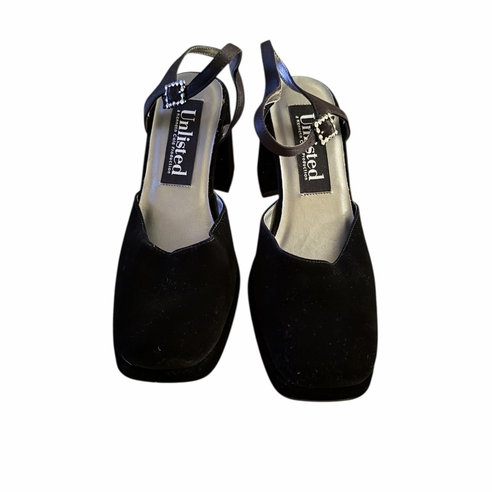 Unlisted•Black Block Heel Velvet Shoes Rhinestone Accent Buckle - Picture 6 of 8
